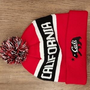 California Bear Logo Pom Pom Beanie Cuffed Red Black White